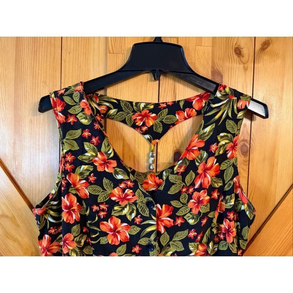 Vintage Erika Black Floral Button Front Sleeveless Midi Dress Size Large (7146)